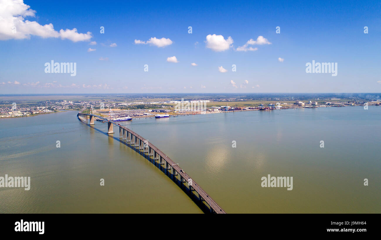 The Saint Nazaire bridge and the Atlantic shipyards in Loire estuary, France Stock Photo