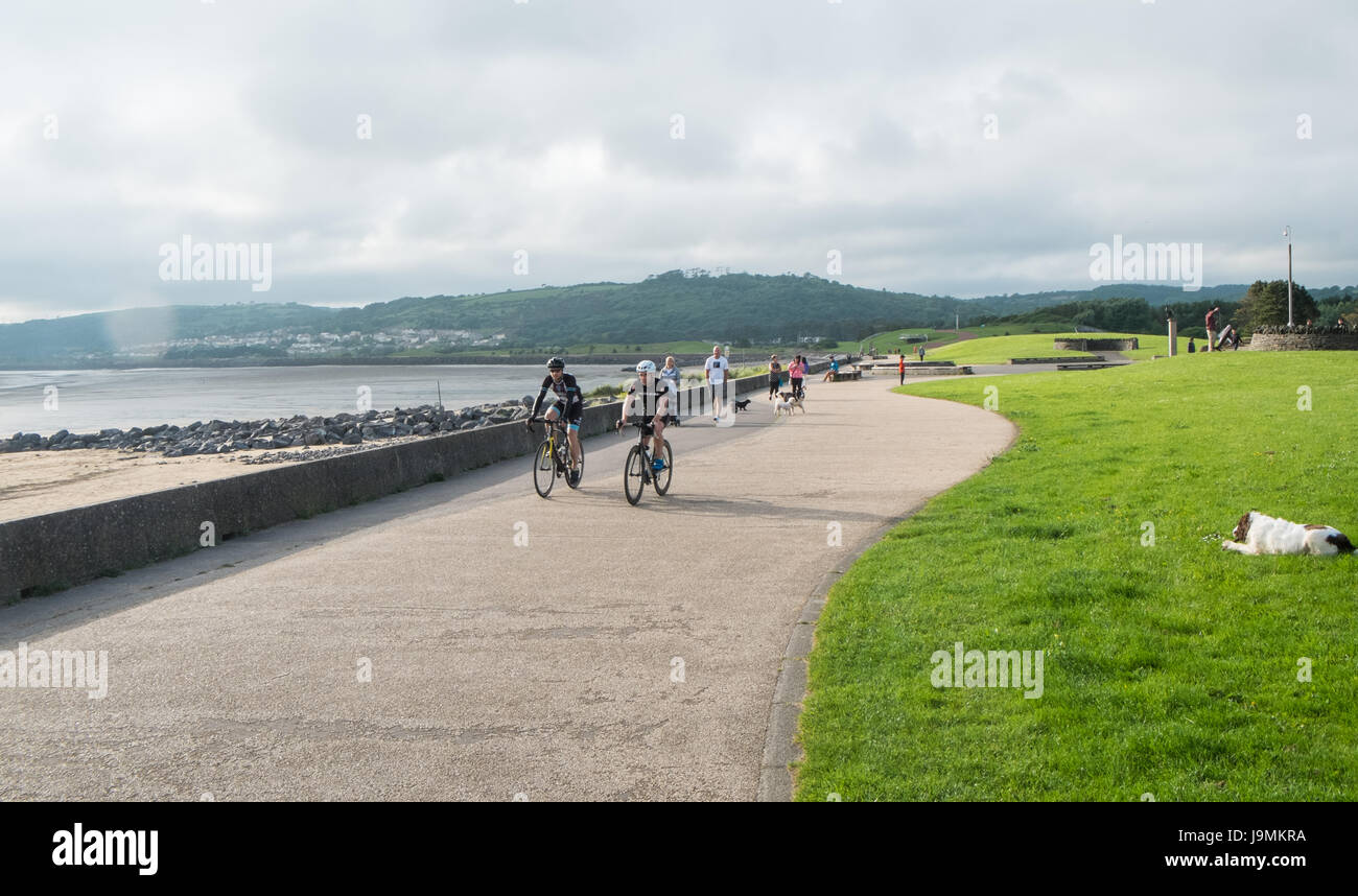 riding,bike,bikes,Cycling,bicycle,by,the,sea,route 4,Llanelli,Millennium,coast,coastal,path,West,Wales,Welsh,U.K.,UK,GB,Europe Stock Photo