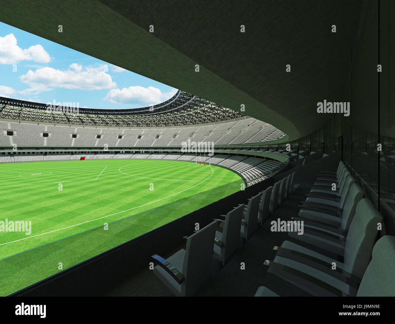 3D render of a round Australian rules football stadium with  white seats and VIP boxes for fifty thousand fans Stock Photo