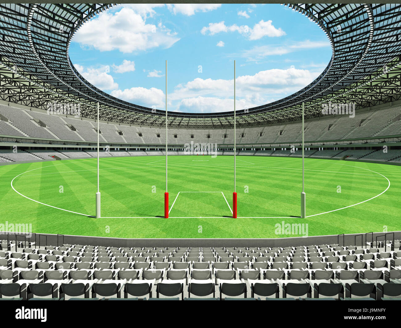 3D render of a round Australian rules football stadium with  white seats and VIP boxes for fifty thousand fans Stock Photo
