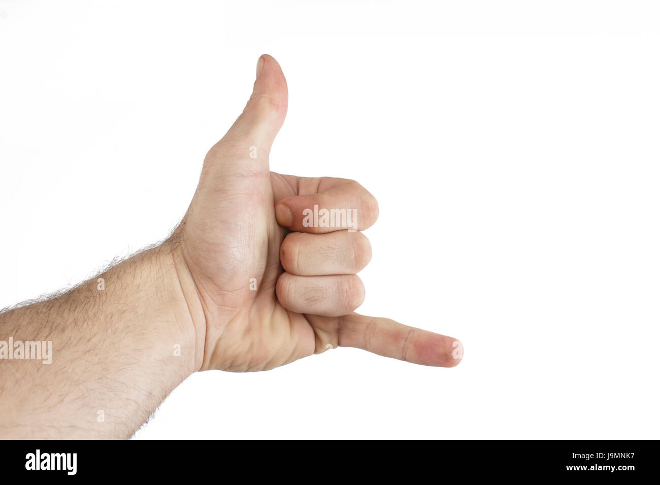 Call me the hand gesture of a man. Male showing little and thumb finger. Hand Calling gesture or shaka isolated on white background. Stock Photo