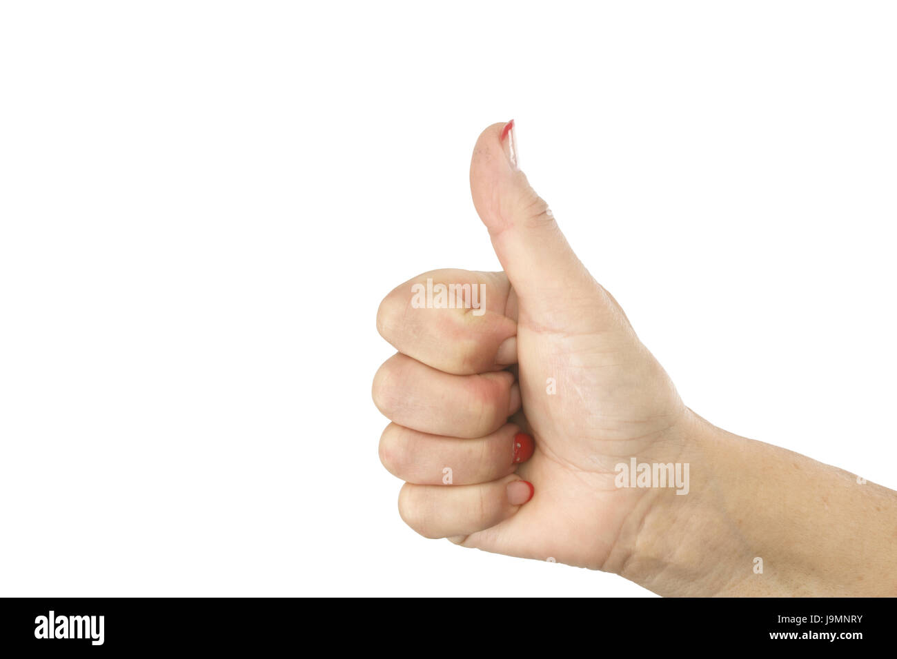 Woman hand with one thumb up mean superb isolated on white background