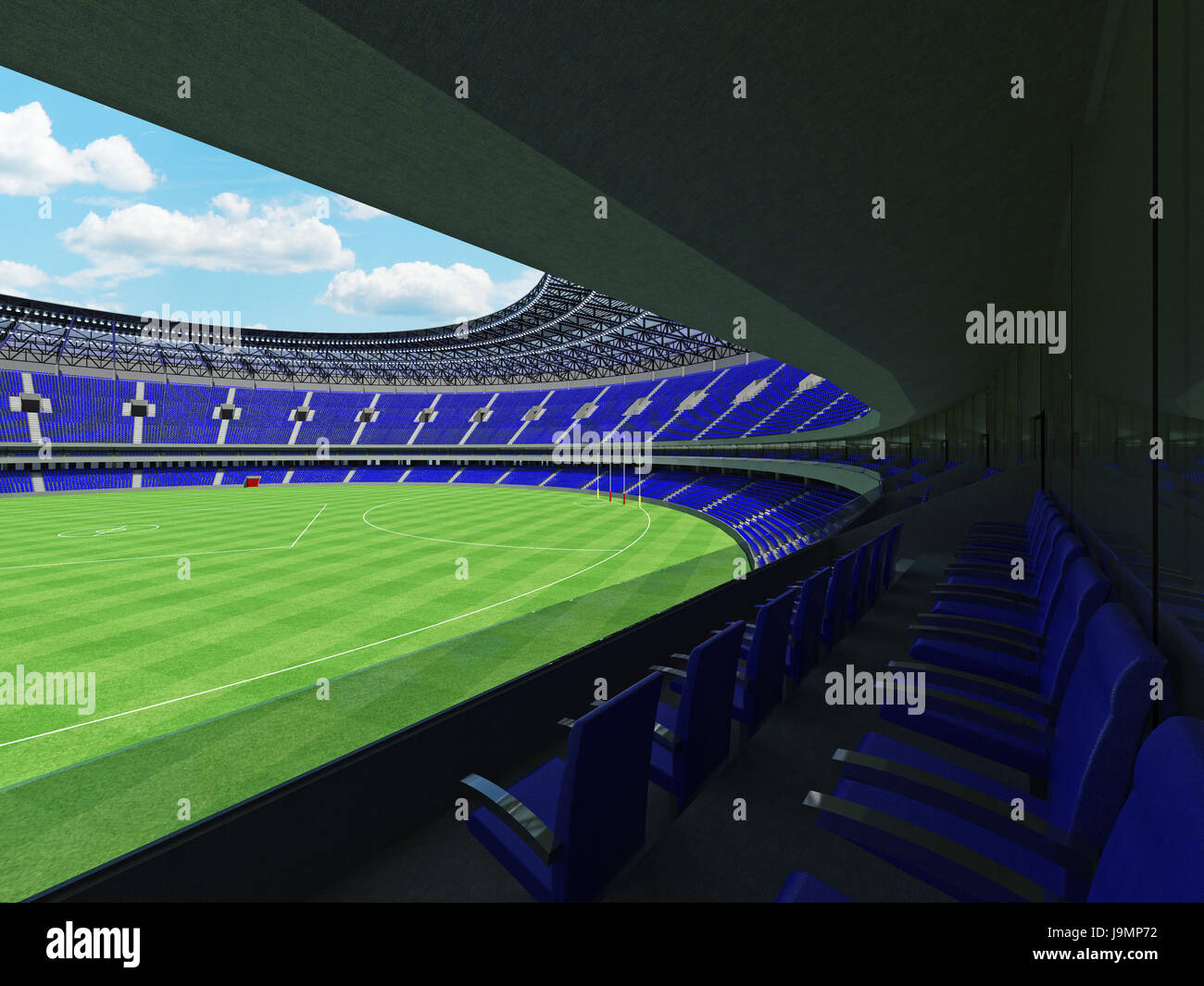 3D render of a round Australian rules football stadium with  blue seats and VIP boxes for fifty thousand fans Stock Photo