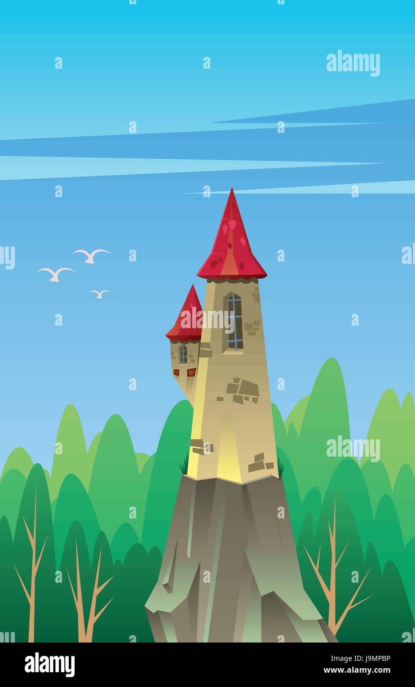 Digital vector, fairytale and fantasy castle with red roof built on a ...