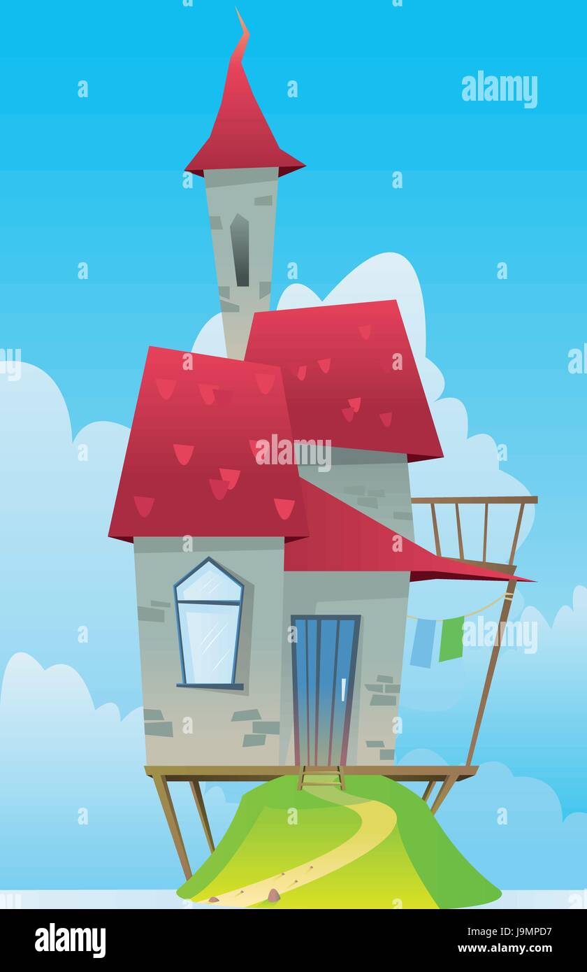 Digital vector, fairytale and fantasy castle with red roof built on a ...
