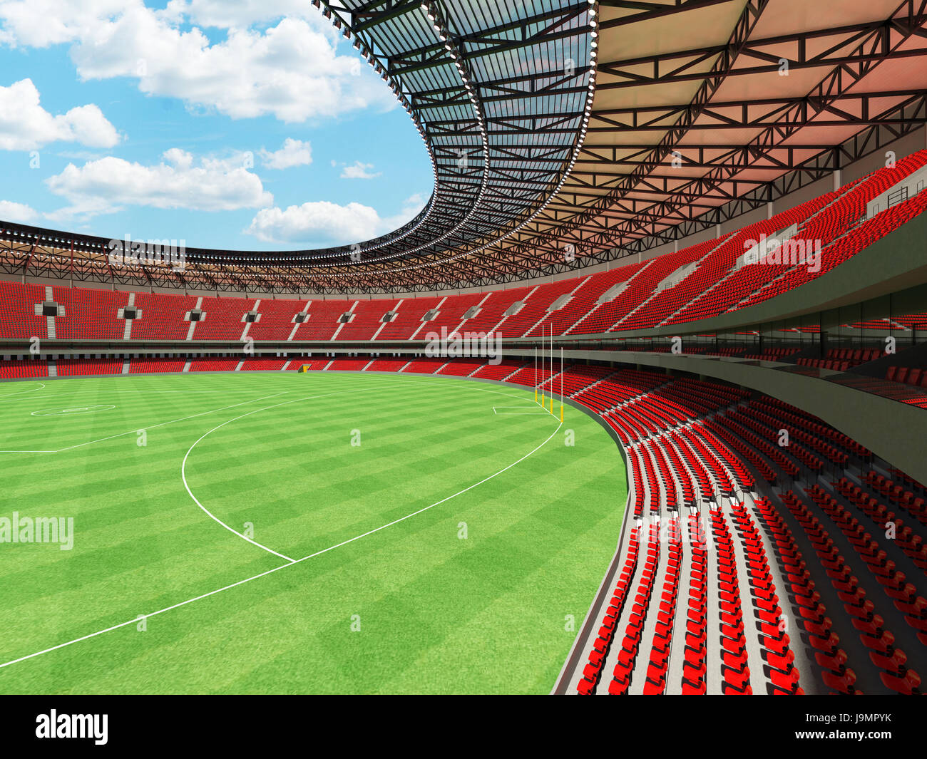 3D render of a round Australian rules football stadium with  red seats and VIP boxes for fifty thousand fans Stock Photo