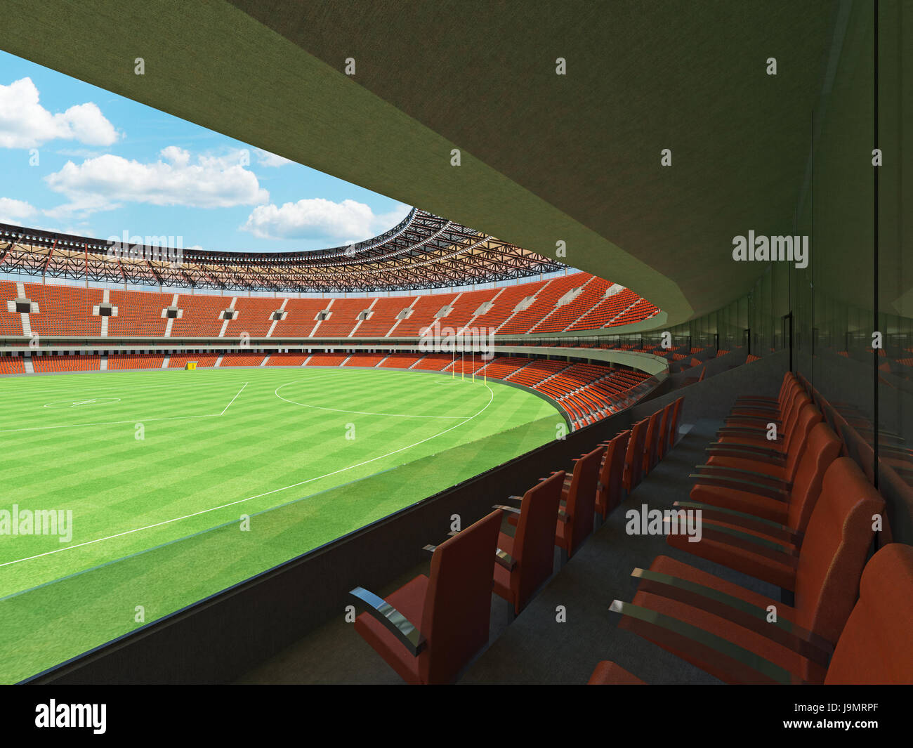 3D render of a round Australian rules football stadium with  orange seats and VIP boxes for fifty thousand fans Stock Photo
