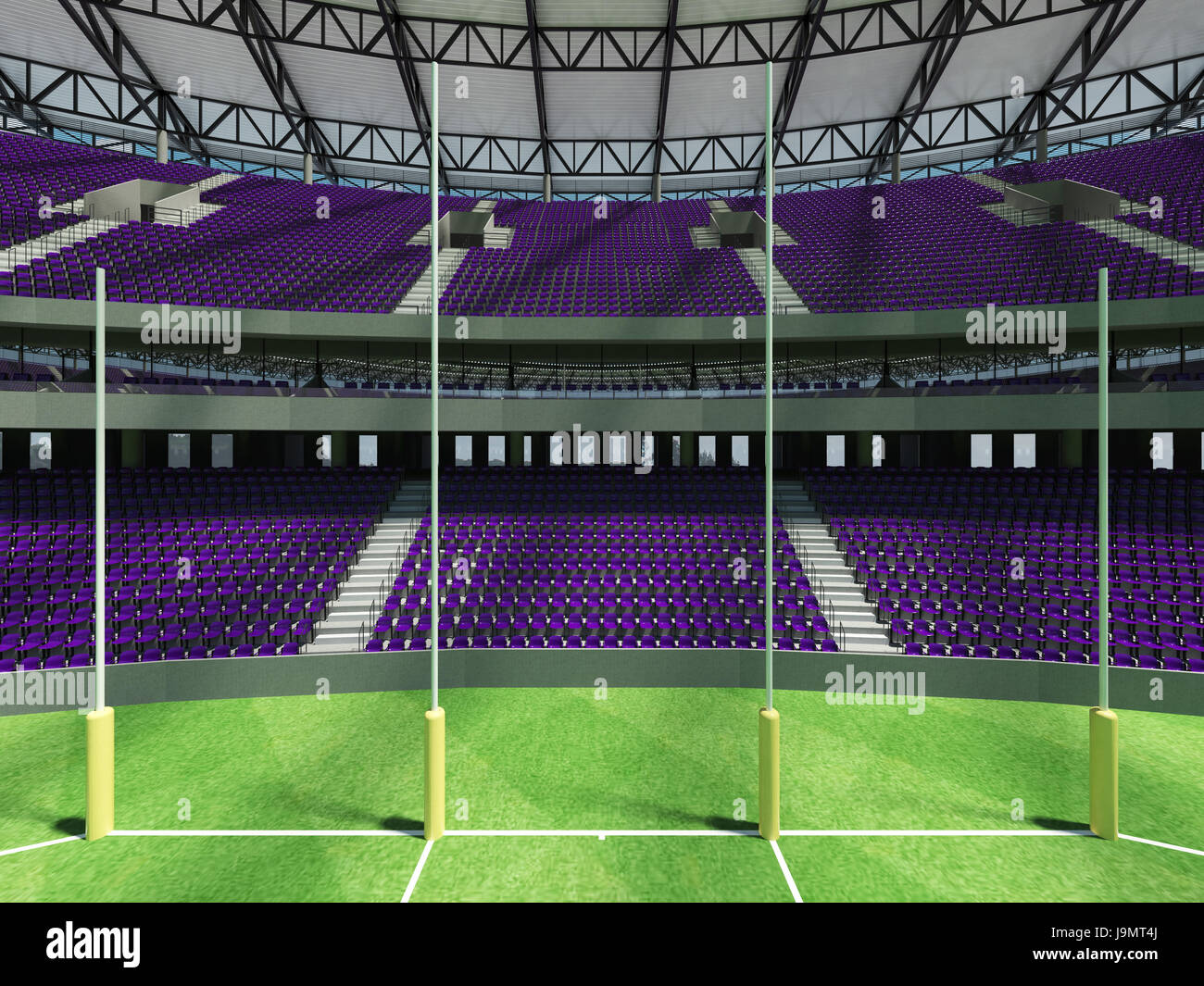 3D render of a round Australian rules football stadium with  purple seats and VIP boxes for fifty thousand fans Stock Photo