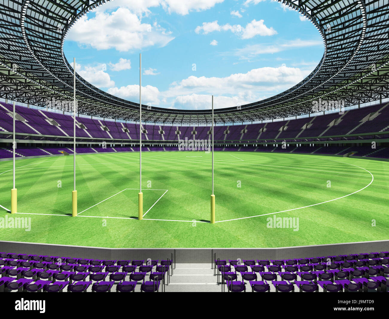 3D render of a round Australian rules football stadium with  purple seats and VIP boxes for fifty thousand fans Stock Photo