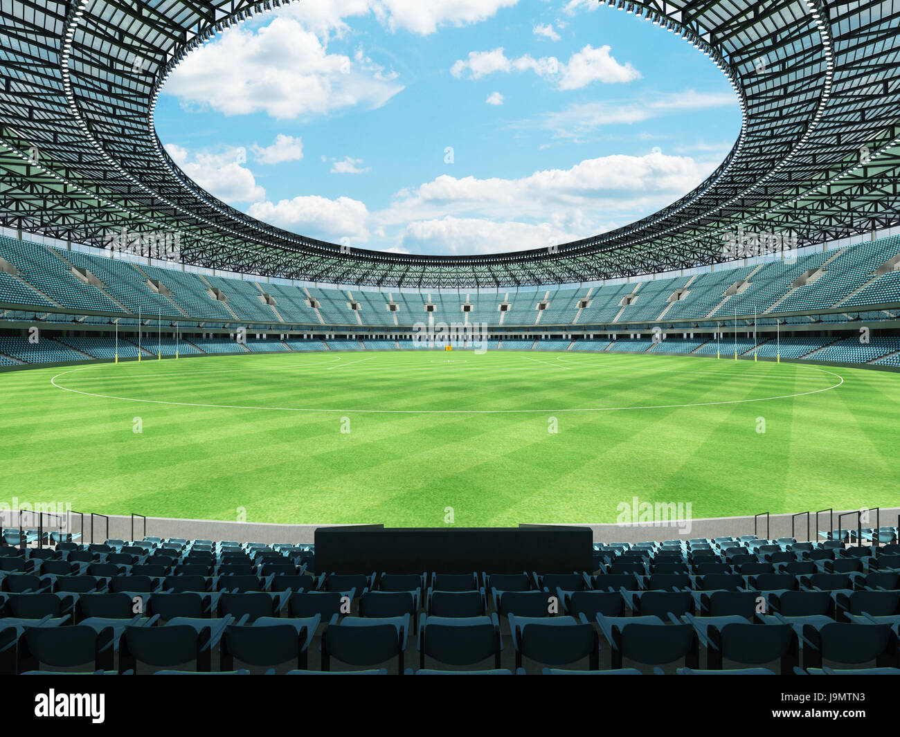 3D render of a round Australian rules football stadium with sky blue seats and VIP boxes for