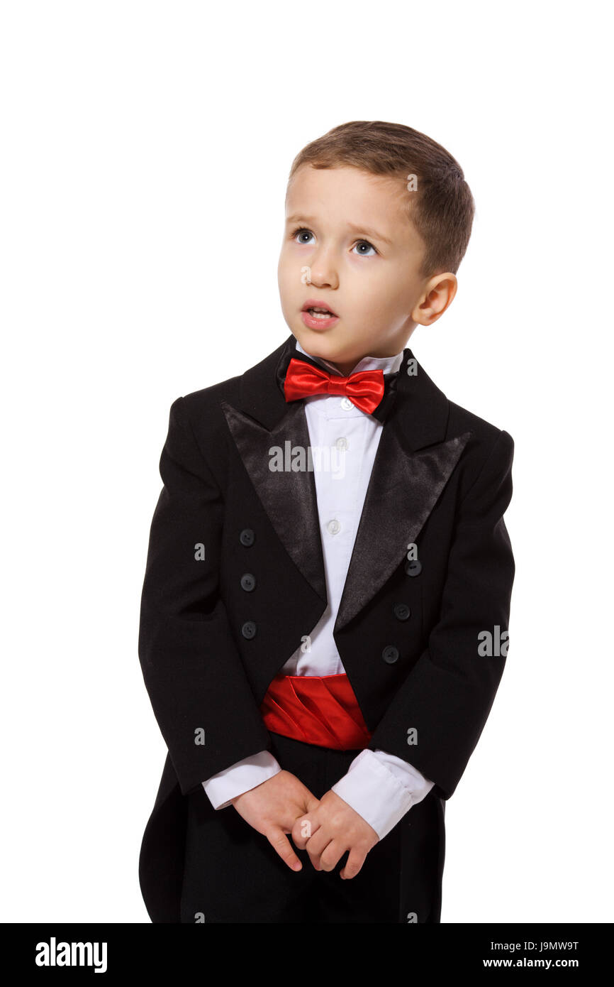 Little Boy wearing tuxedo portrait isolated on white Stock Photo Alamy