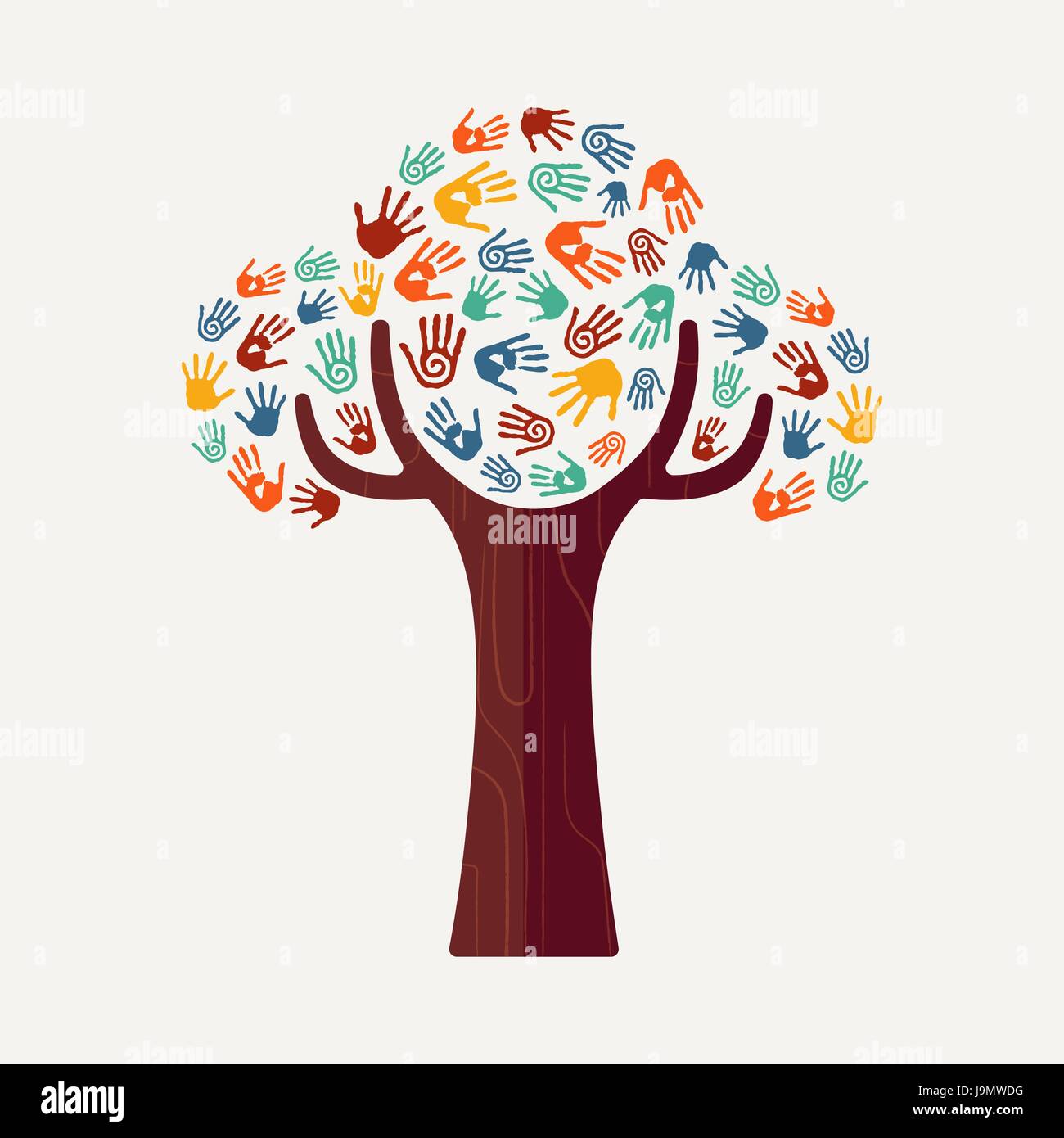 Hand tree with colorful handprint art. Diverse community concept