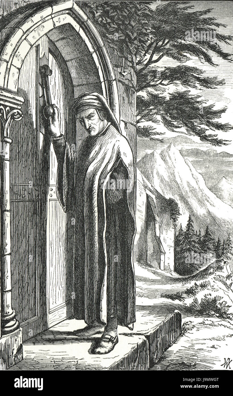 Dante seeking refuge Monastery of Santa Croce del Corvo in 1306 Stock Photo