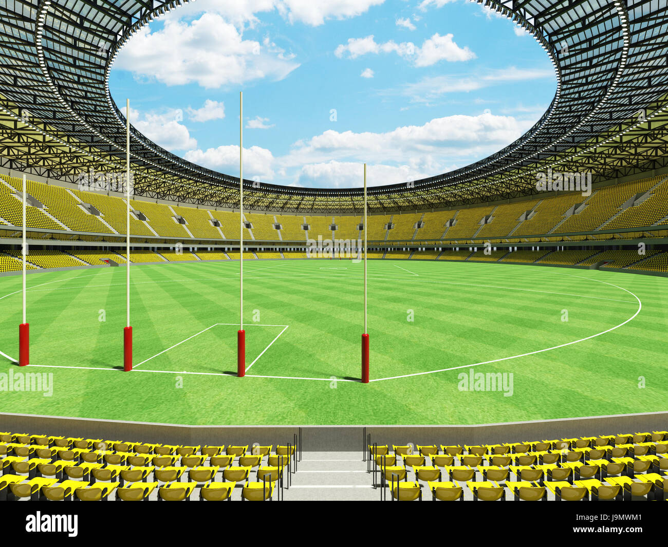 3D render of a round Australian rules football stadium with  yellow seats and VIP boxes for fifty thousand fans Stock Photo
