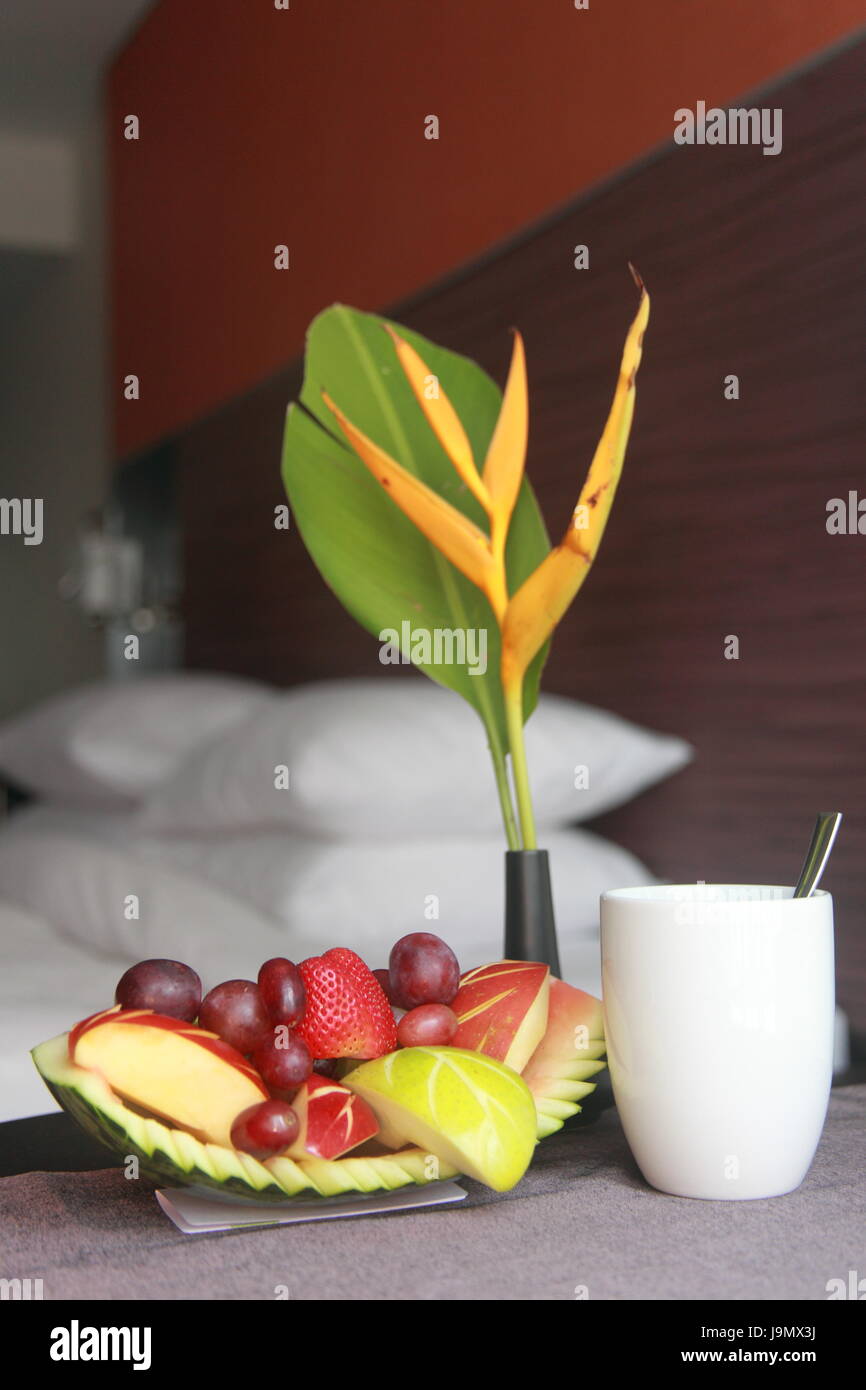 cup, room, bed, progenies, fruits, fruit, hotel, coffee, bowl, cup, office, Stock Photo