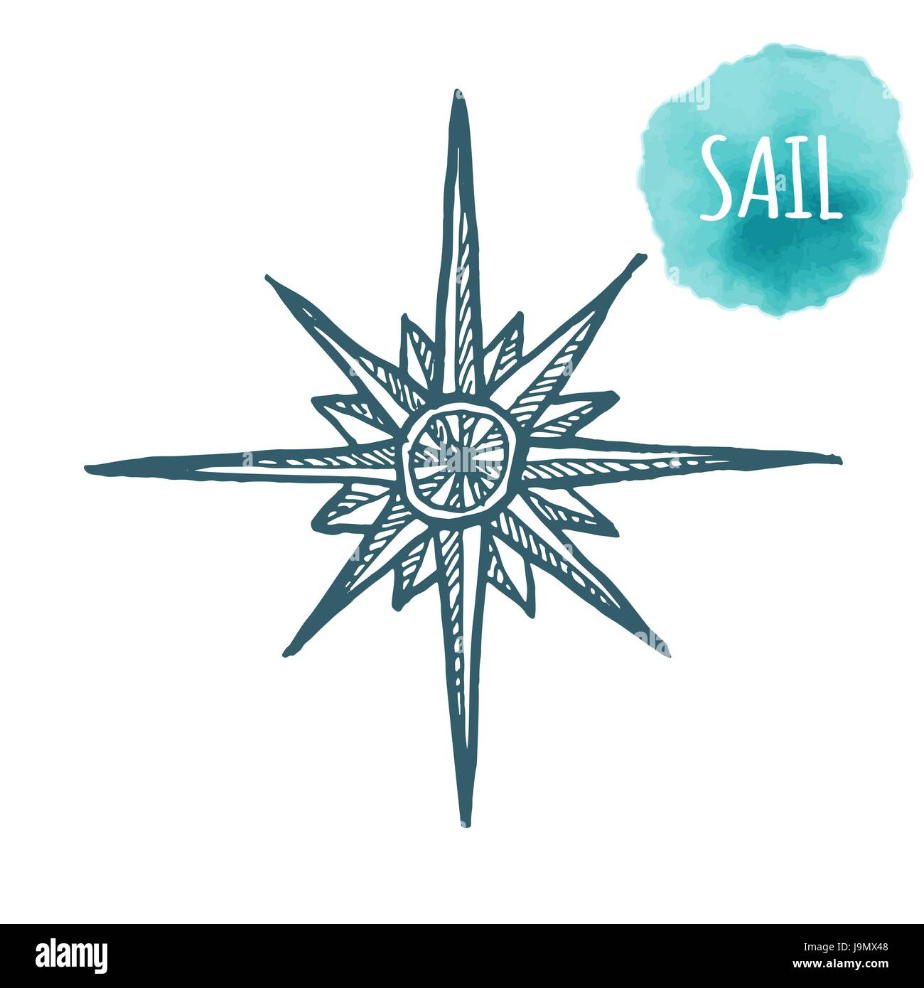 Nautical marine wind rose, compass icon for travel, navigation design. Hand drawn illustration for tattoo, print. Vector sketch in line art style with engraved elements isolated on vintage background. Stock Vector