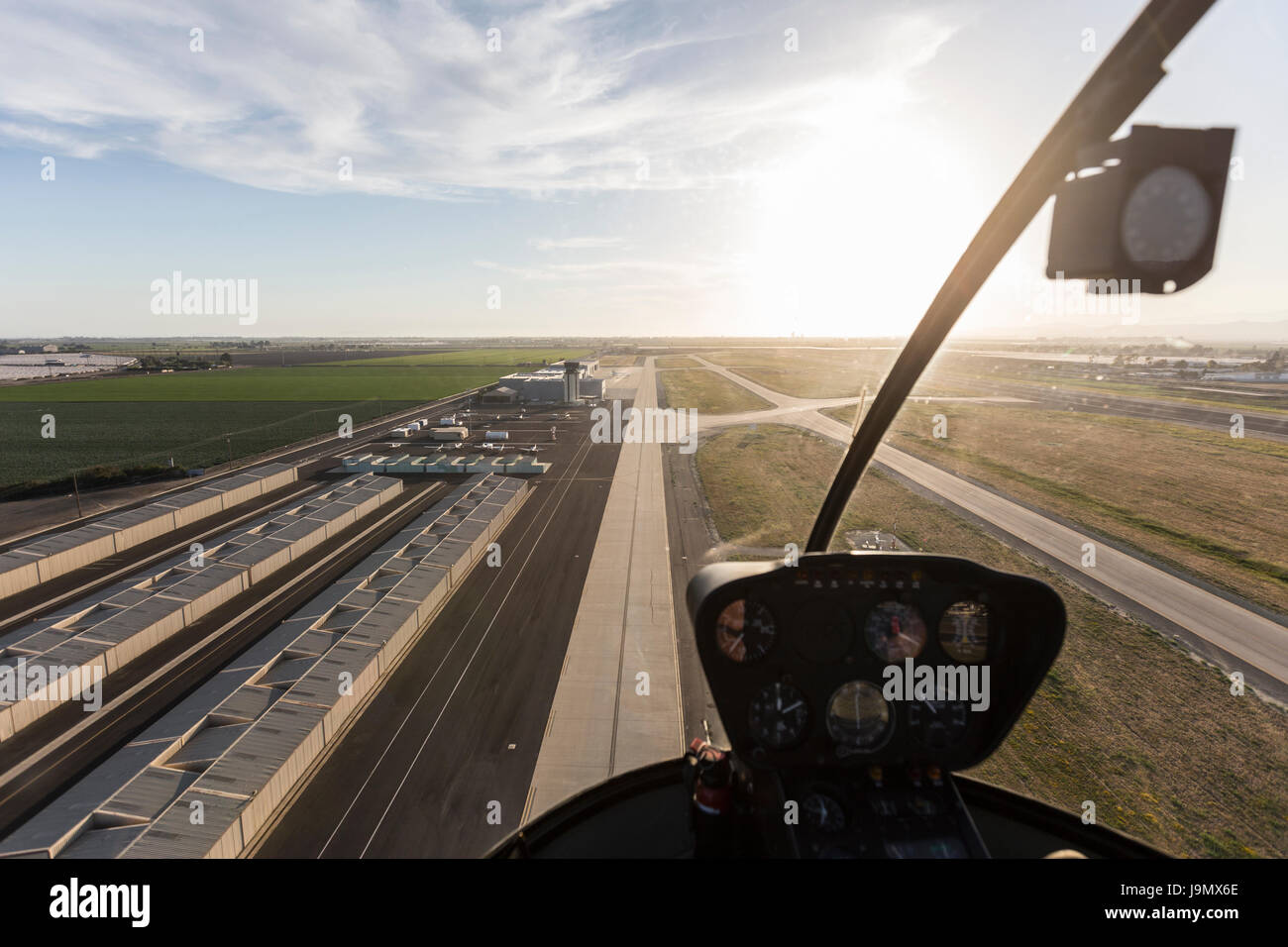 Aerial view inside landing helicopter at Camarillo Airport in Ventura County, California. Stock Photo