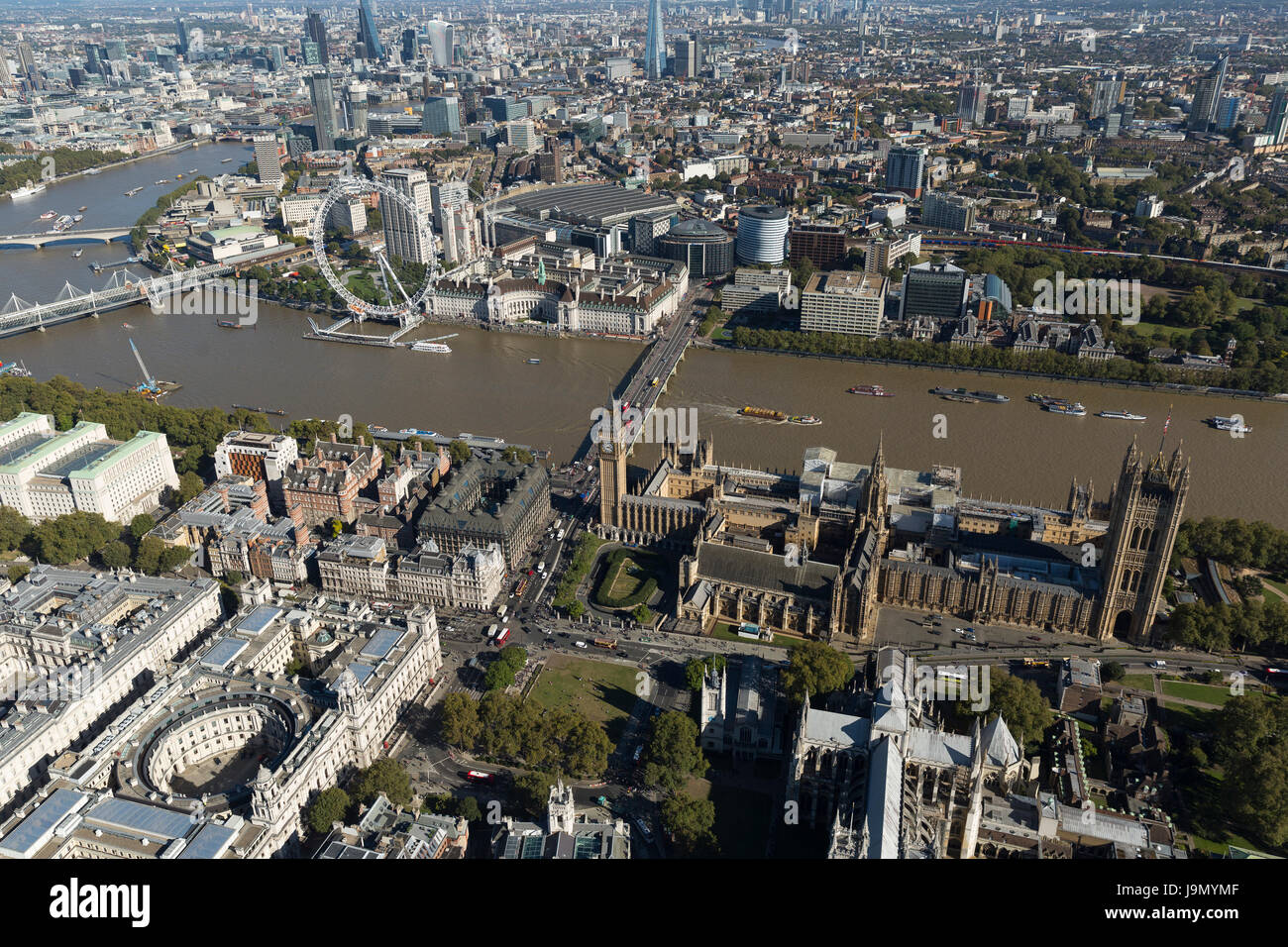 Aerial view of The Palace of Westminster currently covered in scaffolding undergoing repairs. Commonly known as the Houses of Parliament, London, UK Stock Photo