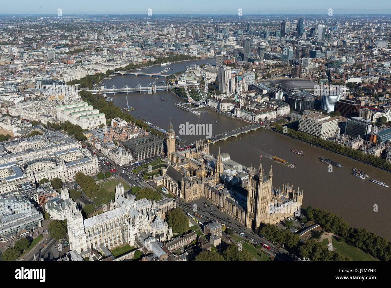 Aerial view of The Palace of Westminster currently covered in scaffolding undergoing repairs. Commonly known as the Houses of Parliament, London, UK Stock Photo