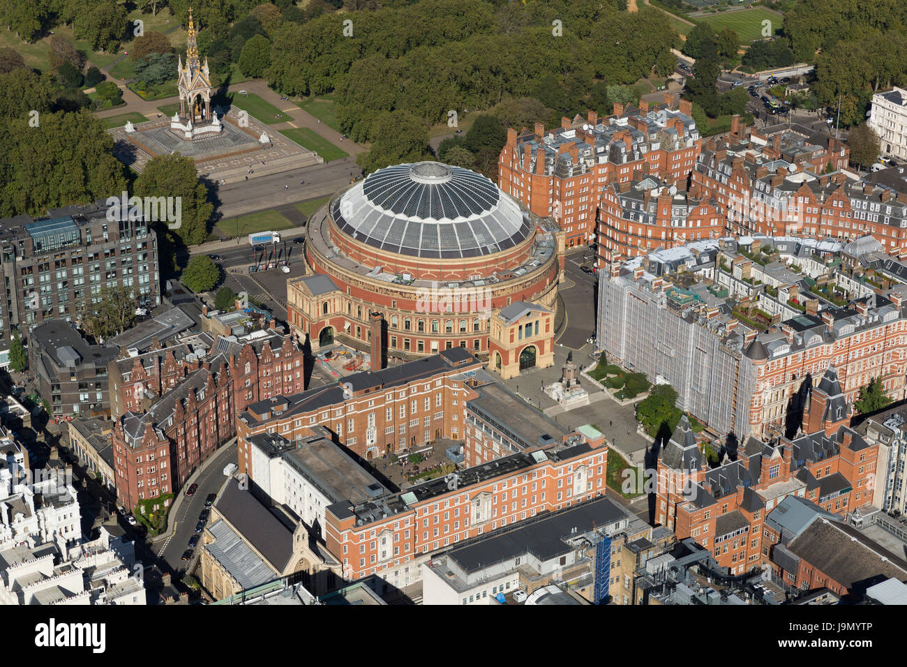 Aerial view of the Royal Albert Hall and Albert memorial, Kensington Gore, Kensington Gardens, London. The concert hall opened in 1871 Stock Photo