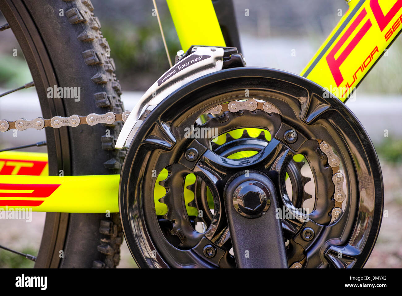 Tambov, Russian Federation - May 07, 2017 Close-up of chainwheel and Shimano Tourney front derailleur on bicycle. Stock Photo
