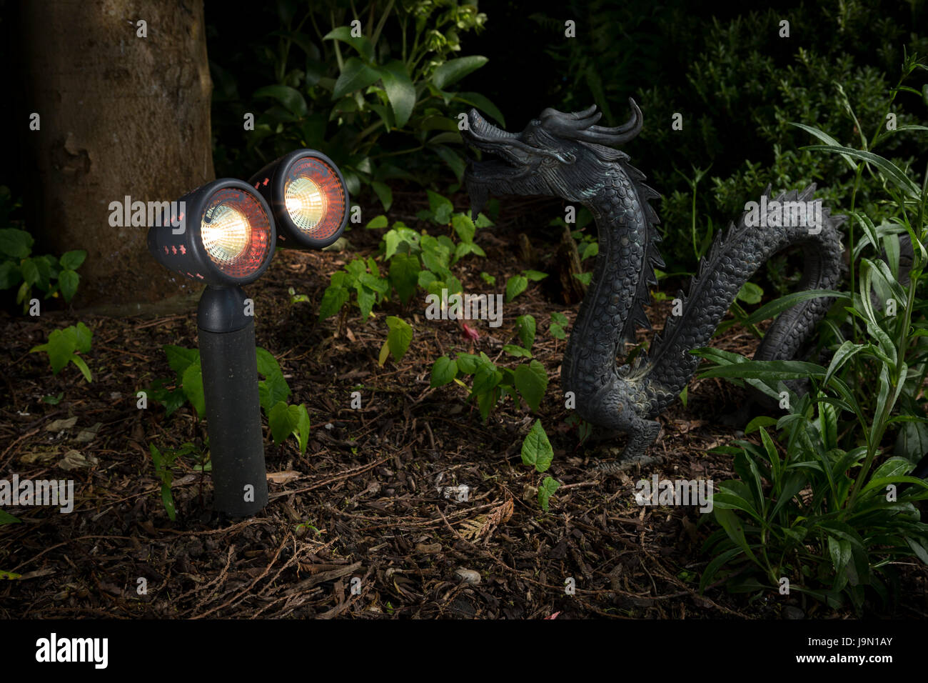 Weatherproof garden LED lighting and Chinese Dragon feature nestled in a night time garden. The ornaments are placed in boarders by garden designers Stock Photo