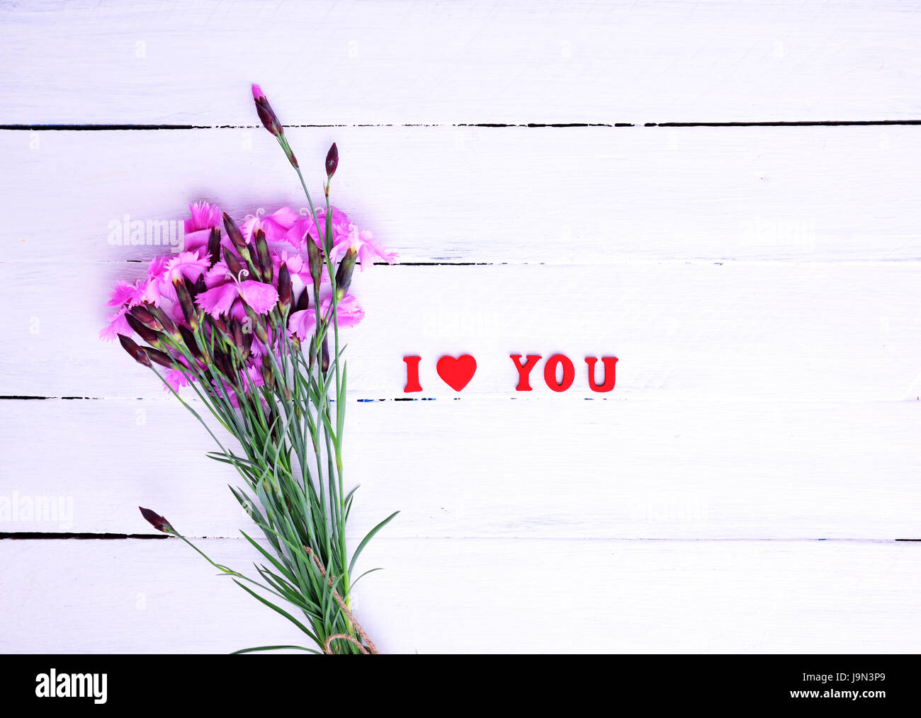 Bouquet of pink field carnations and inscription I love you on a white wooden background, top view Stock Photo