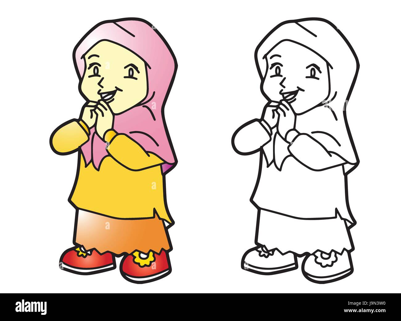 Illustration of Melayu Muslim girl. Vector Cartoon character for coloring Stock Vector