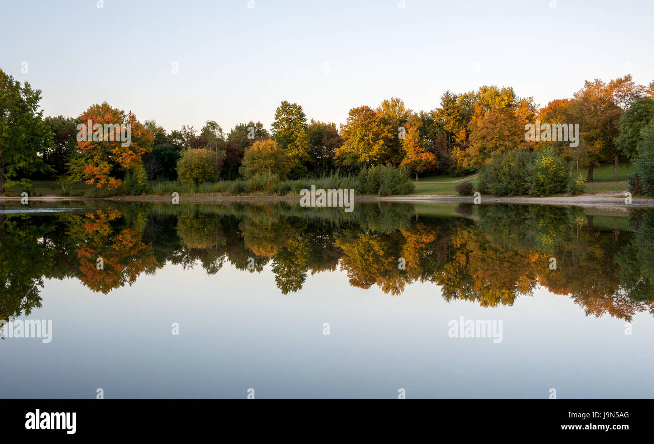 Reflection of Autumn trees in a lake Stock Photo - Alamy