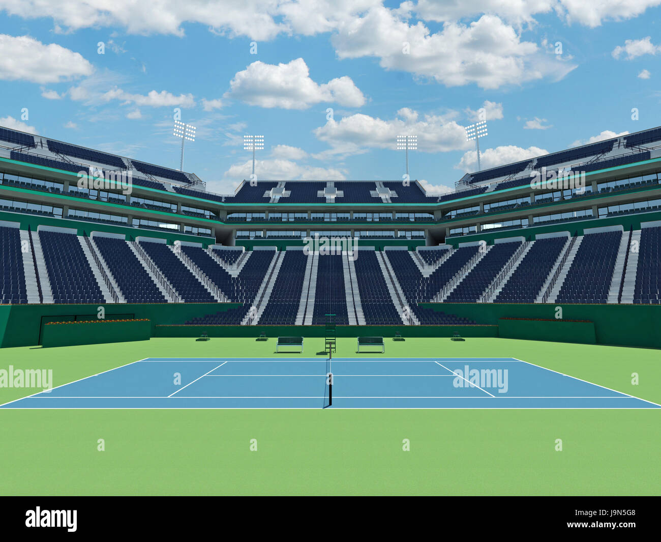 3D render of beautiful modern tennis stadium with hard court surface