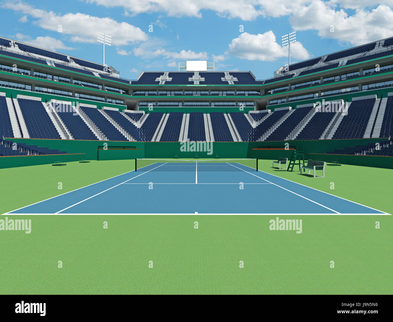 3D render of beautiful modern tennis stadium with hard court surface