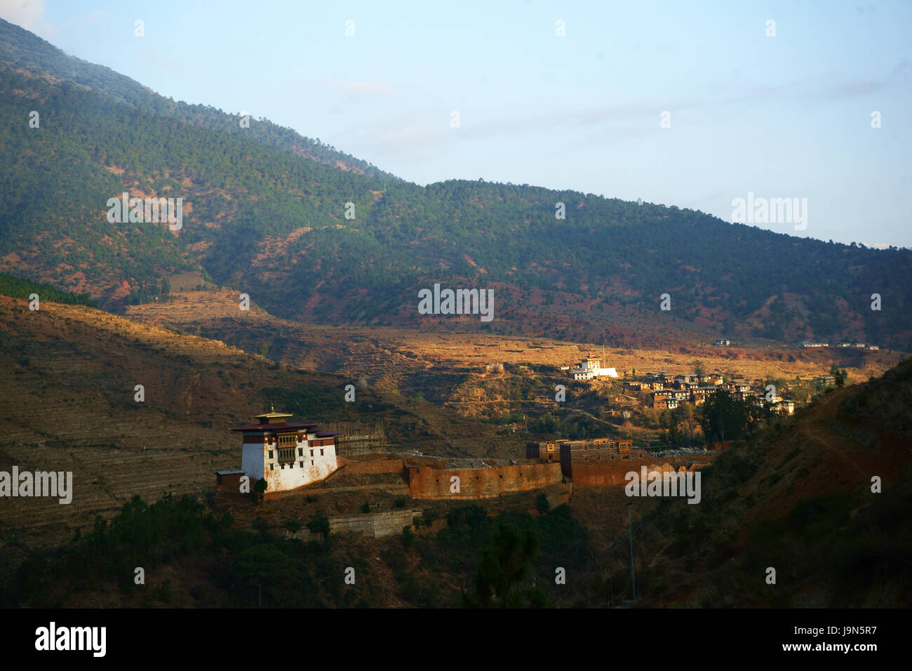 Wangdue Dzong being rebuilt after fire destroyed it 2012, Wangdue Phodrang, Bhutan Stock Photo