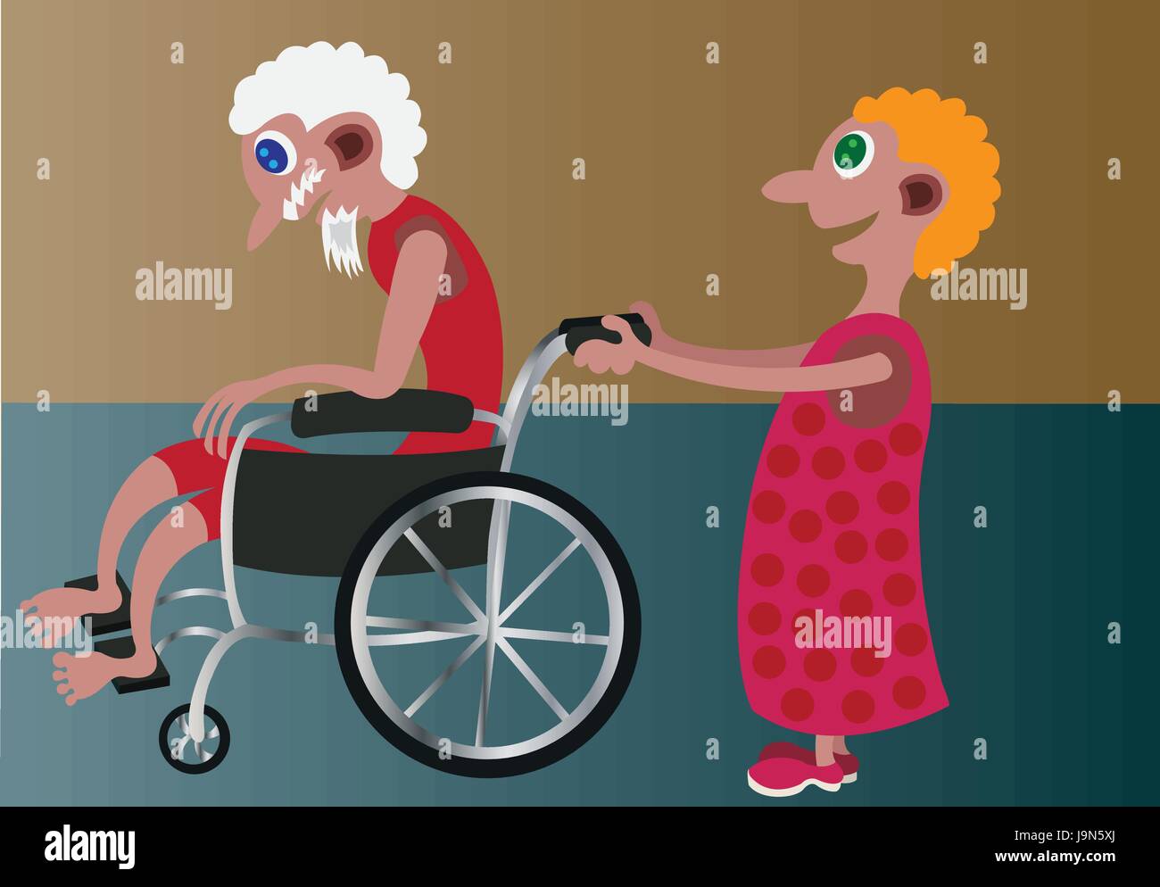 a girl pushing her grandfather in a wheelchair Stock Vector