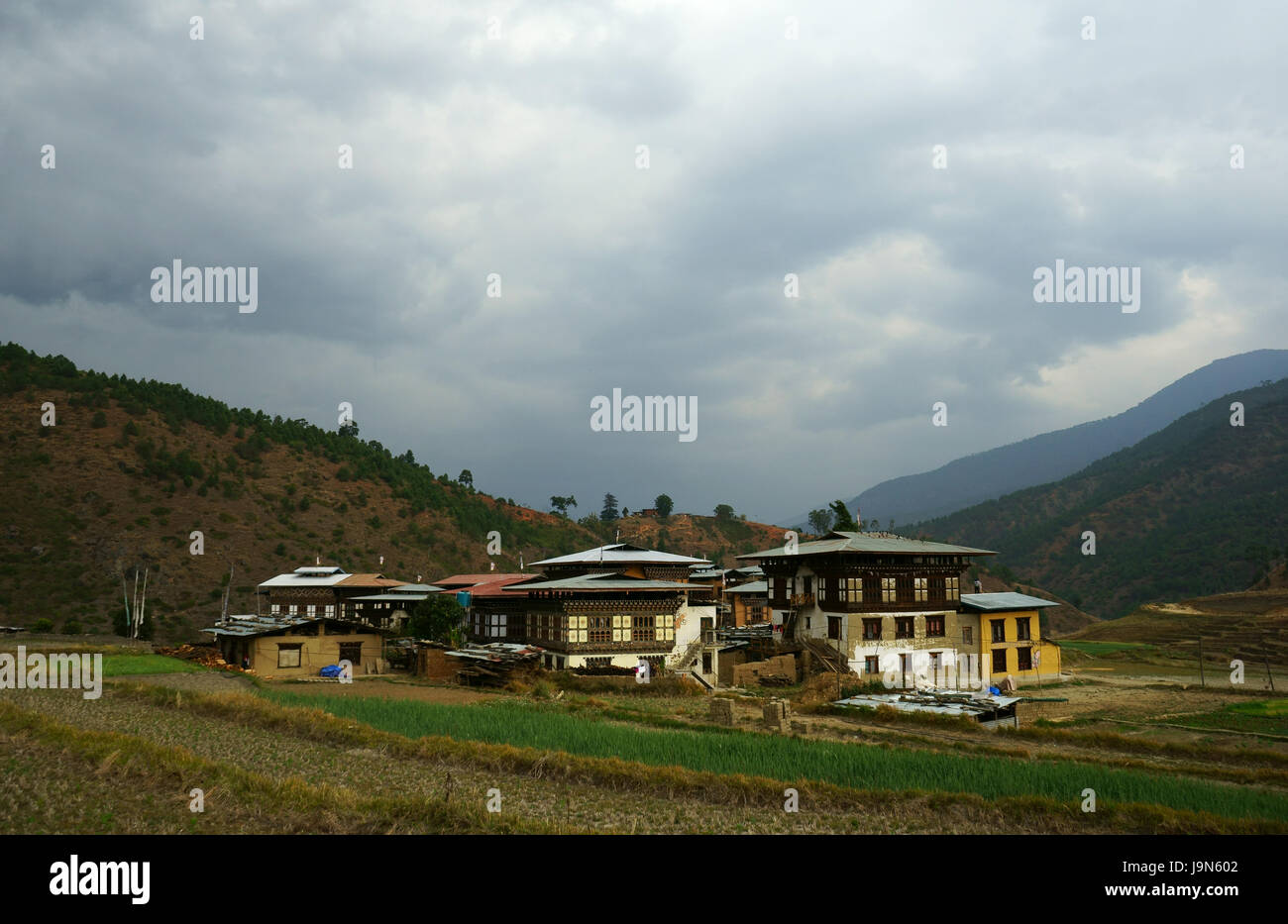 Village at Chimi Lhakhang, Punakha valley, Bhutan Stock Photo
