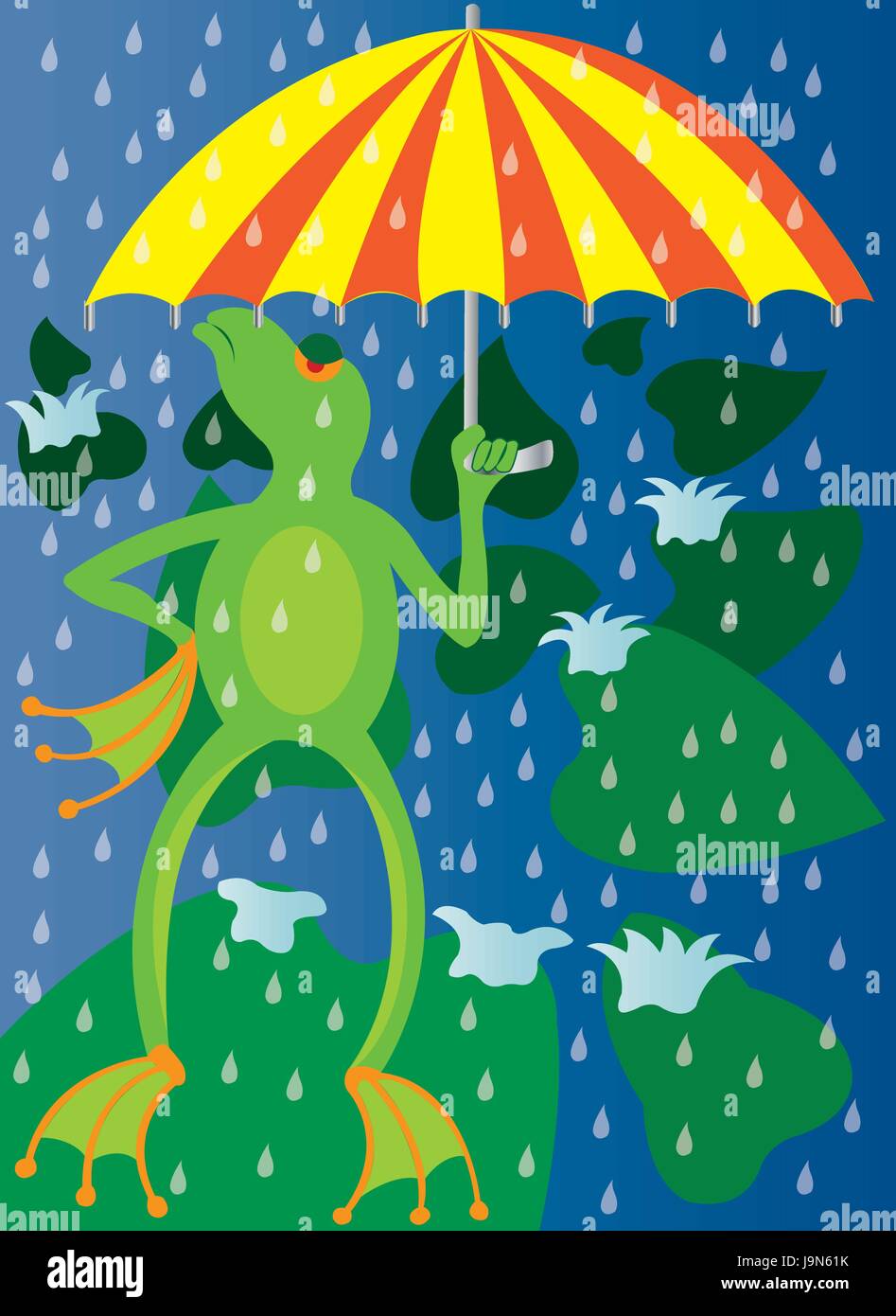A frog holding up an umbrella to cover his head from rain Stock Vector