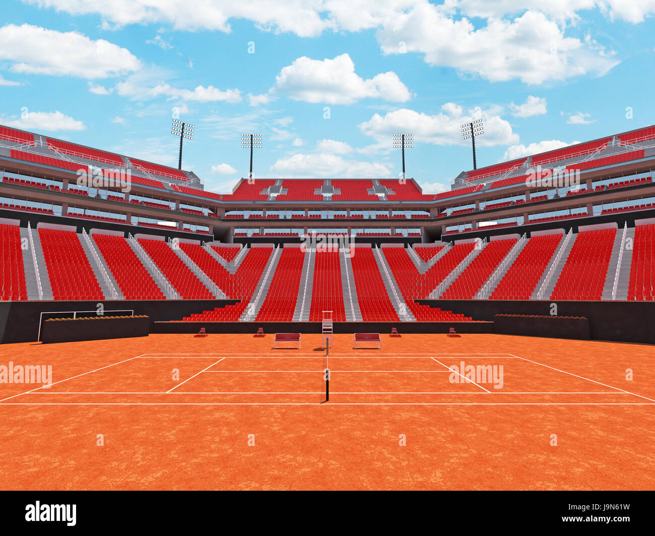 3D render of beautiful modern tennis clay court stadium with red chairs