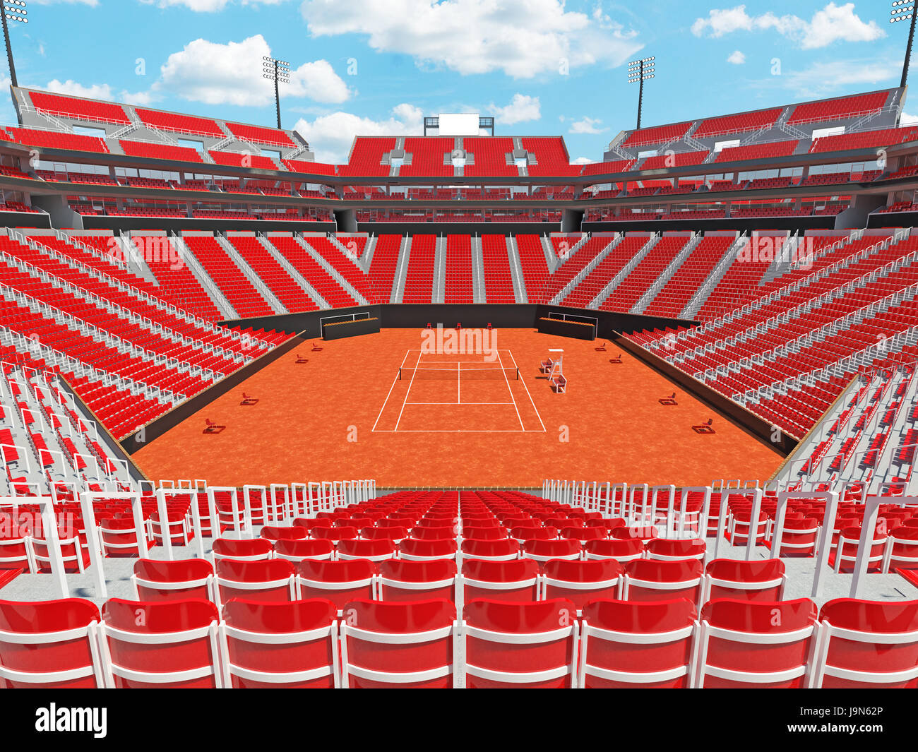 3D render of beautiful modern tennis clay court stadium with red chairs