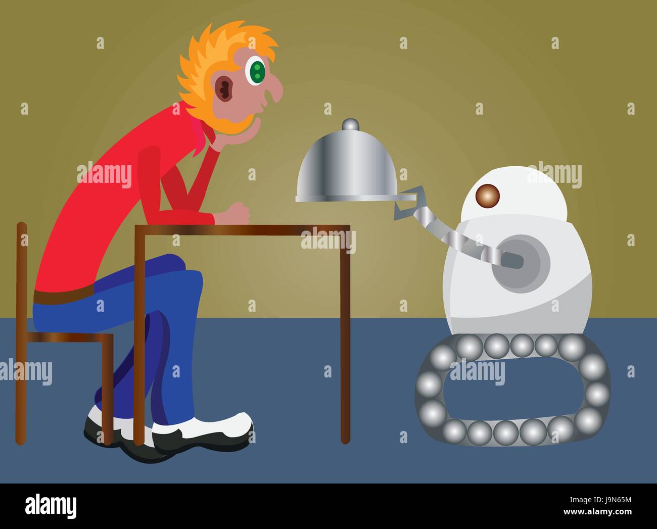 A robot serving meal in a restaurant Stock Vector