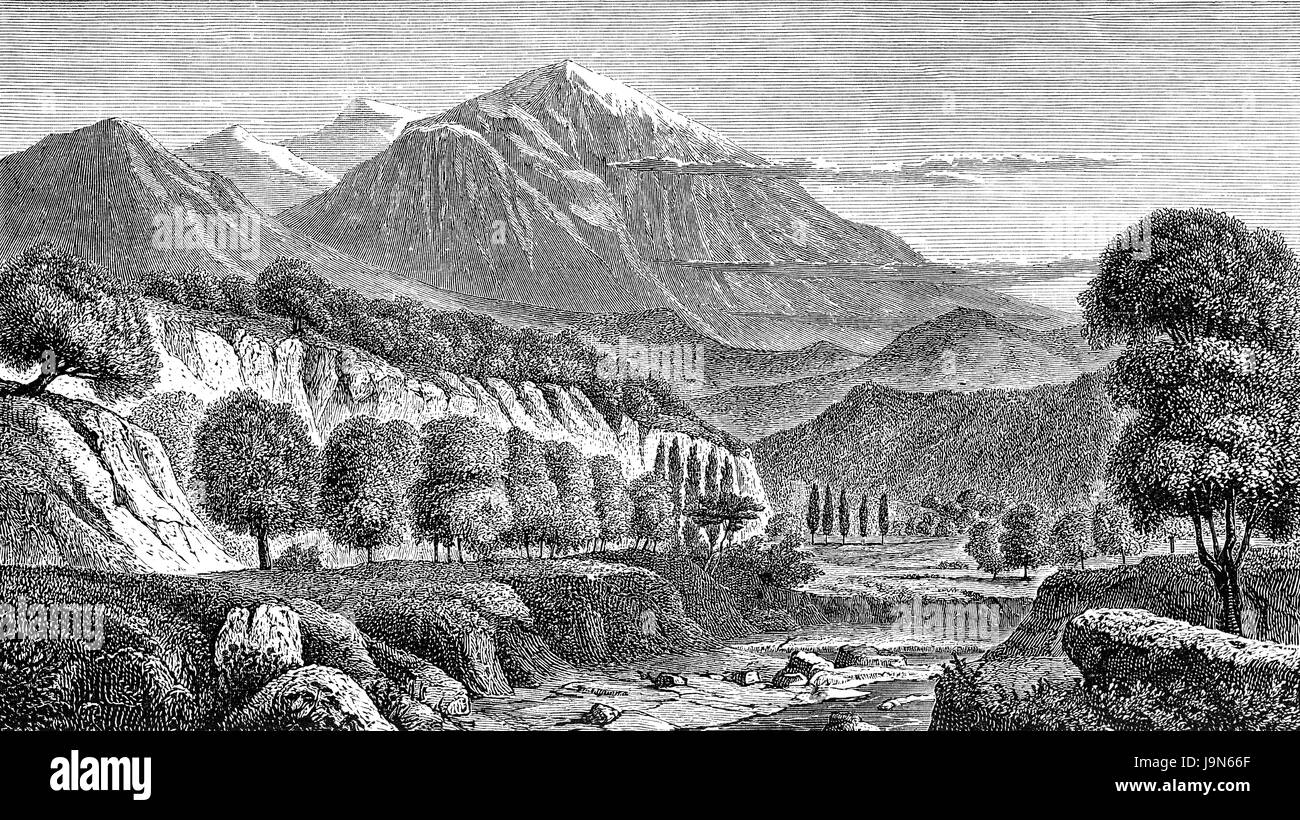 The Mount Olympus, the highest mountain in Greece, illustration, 19th century Stock Photo