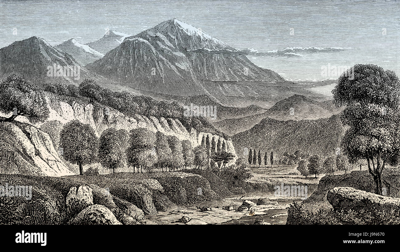 The Mount Olympus, the highest mountain in Greece, illustration, 19th century Stock Photo