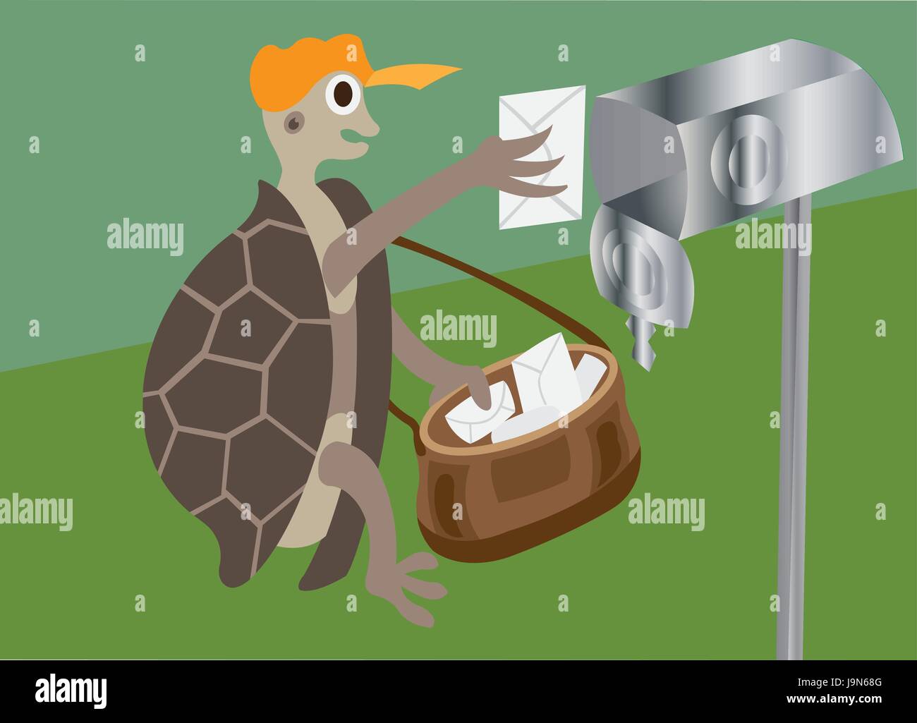 a tortoise putting a letter into  a mailbox Stock Vector