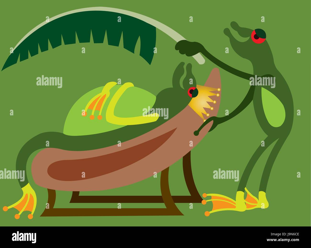 a frog king being cooled by a banana leaf Stock Vector