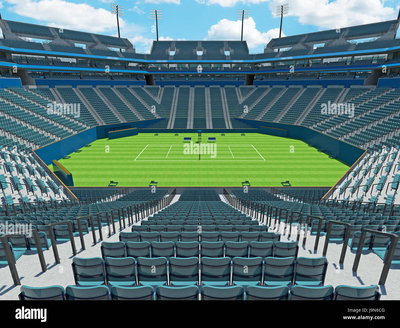3D render of beautiful large modern tennis grass court stadium with blue chairs Stock Photo