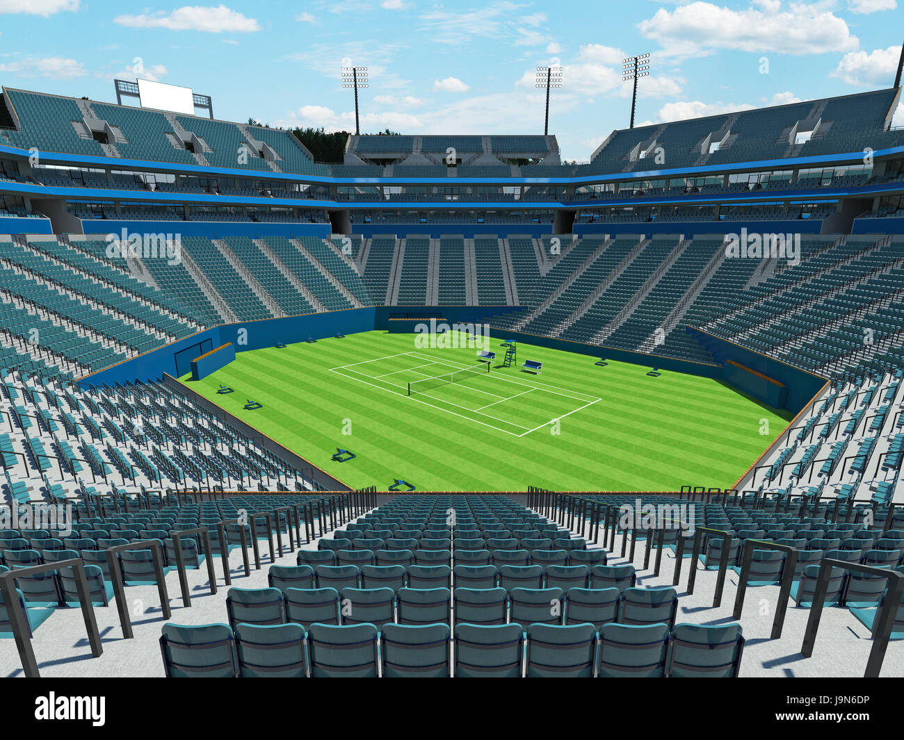 3D render of beautiful large modern tennis grass court stadium with blue chairs Stock Photo