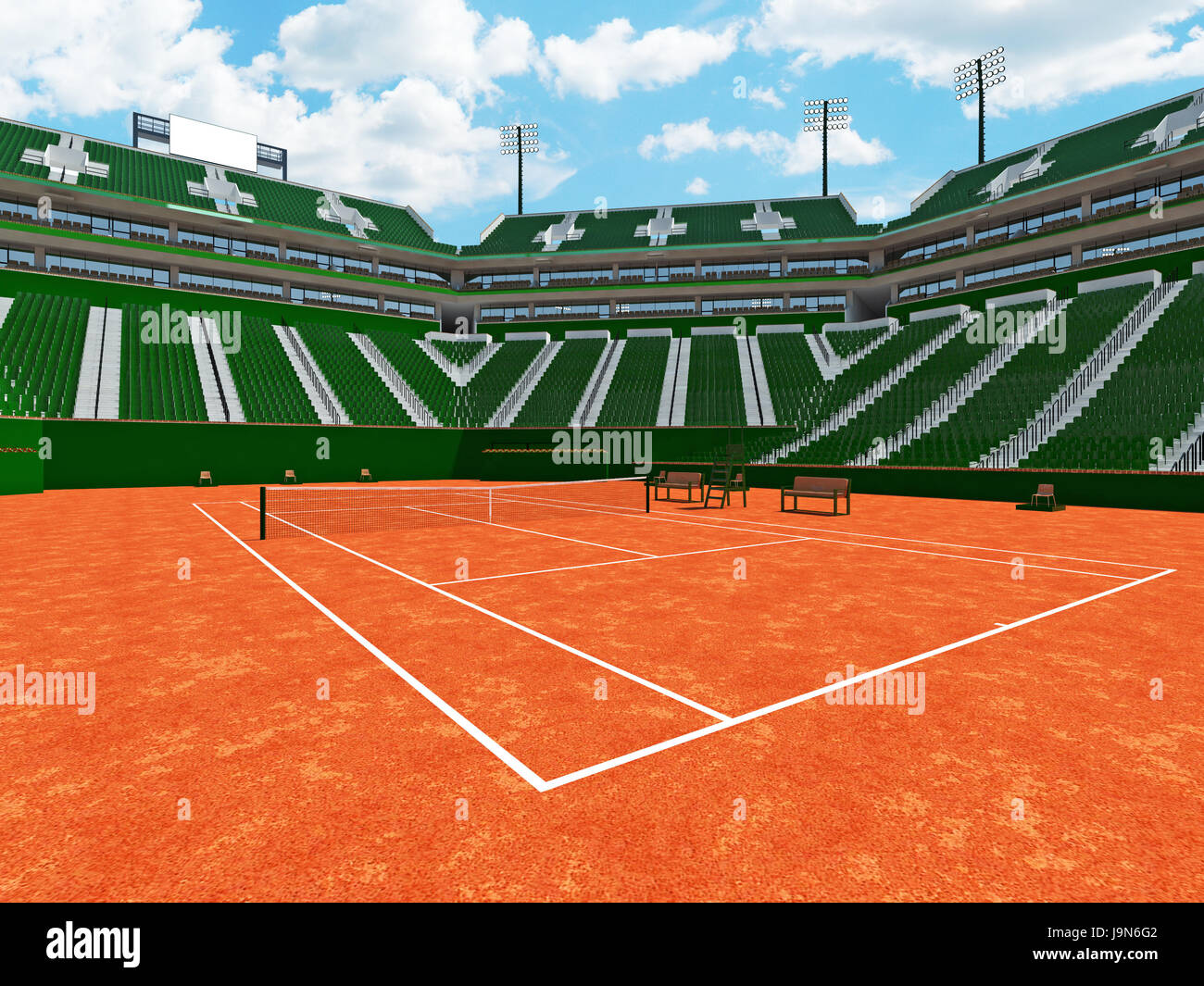 Beautiful modern tennis clay court stadium with green seats for fifteen ...