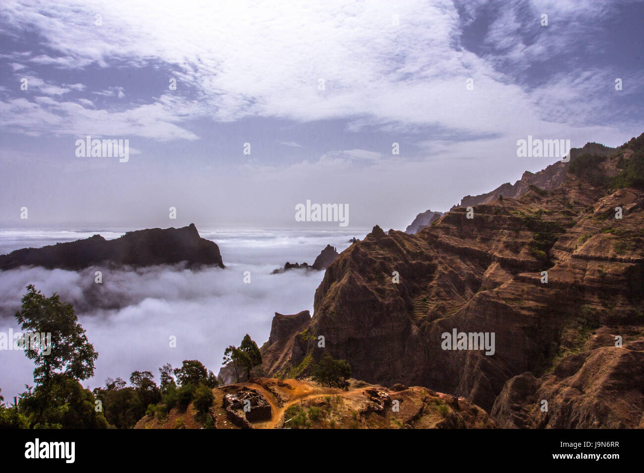 dramatic landscape taken above the clouds in Santo Antao, Cape Verde Stock Photo