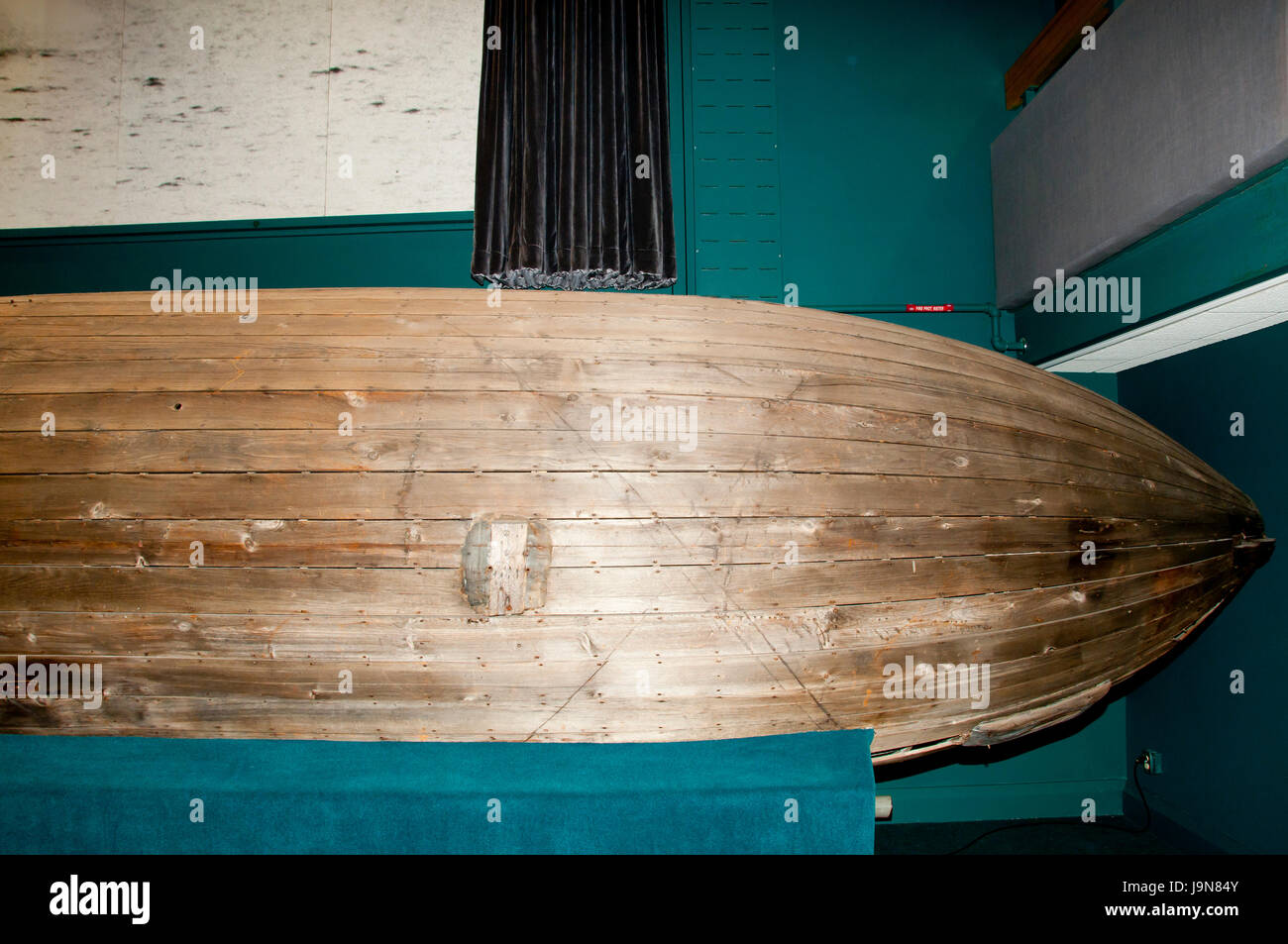 BADDECK, CANADA - August 13, 2016: Wooden submarine boat prototype on display in the Alexander Graham Bell National Historic Site Stock Photo