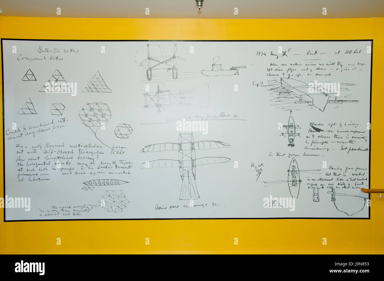 BADDECK, CANADA - August 13, 2016:  Blueprints sketch displayed in the Alexander Graham Bell National Historic Site Stock Photo