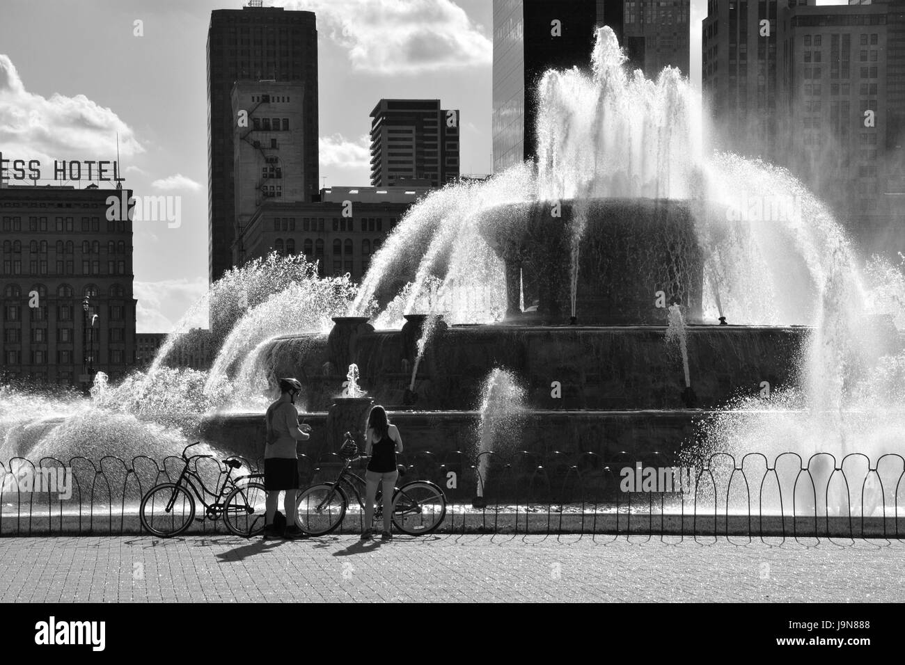 Buckingham Fountain in Grant Park is one of the iconic landmarks in Chicago. Stock Photo