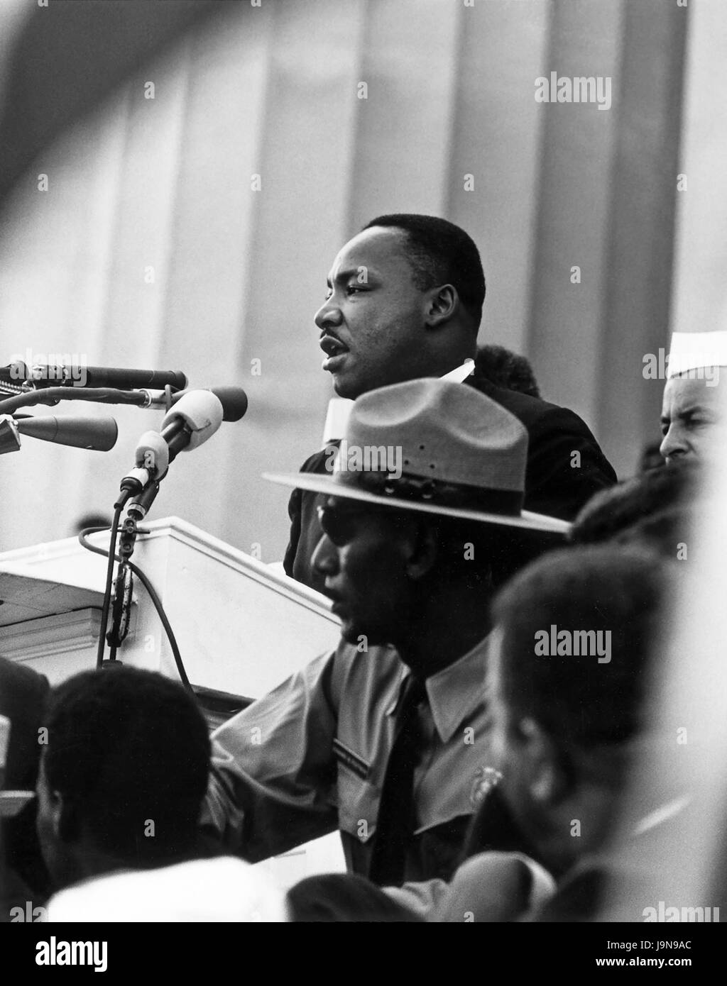 Dr. Martin Luther King, Jr. speaking in front of the Lincoln Memorial on August 28, 1963 at the civil rights March on Washington, D.C. where he delivered his historic 'I Have a Dream' speech. (Photo by Rowland Scherman) Stock Photo